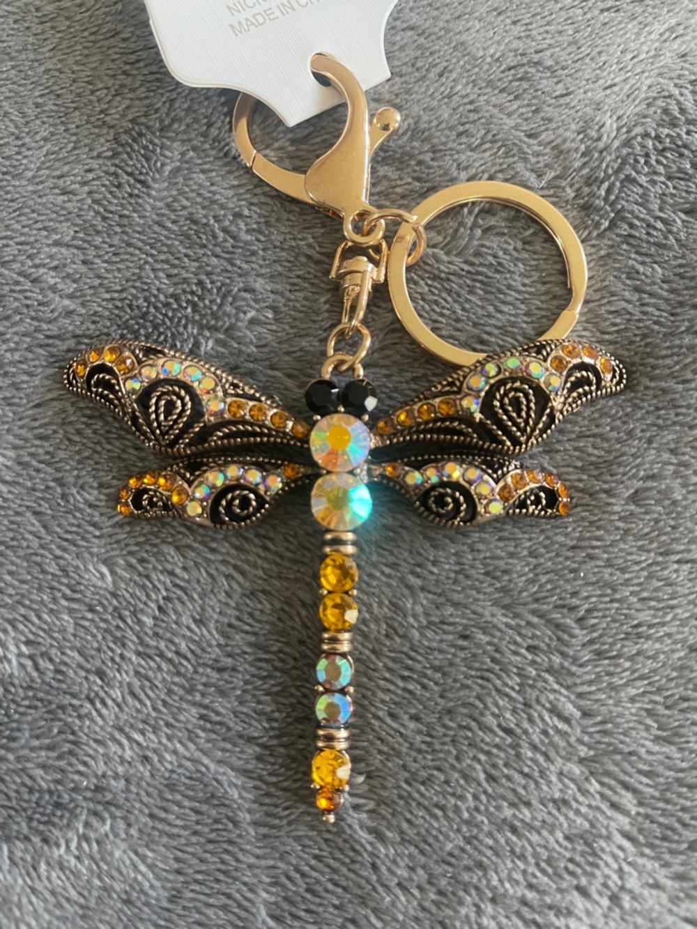 Gold-Tone Dragonfly Keychain with Amber & Aurora Borealis Crystals nwt